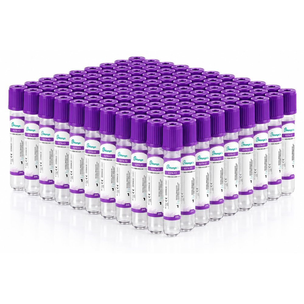 K3 EDTA Blood Collection Tube 2 ml, Purple Cap, Non-Vacuum — Pack of 100