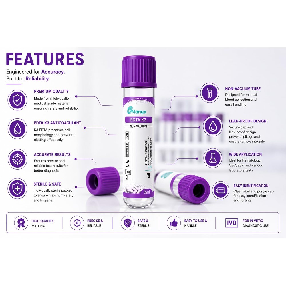 K3 EDTA Blood Collection Tube 2 ml, Purple Cap, Non-Vacuum — Pack of 100 — image 2
