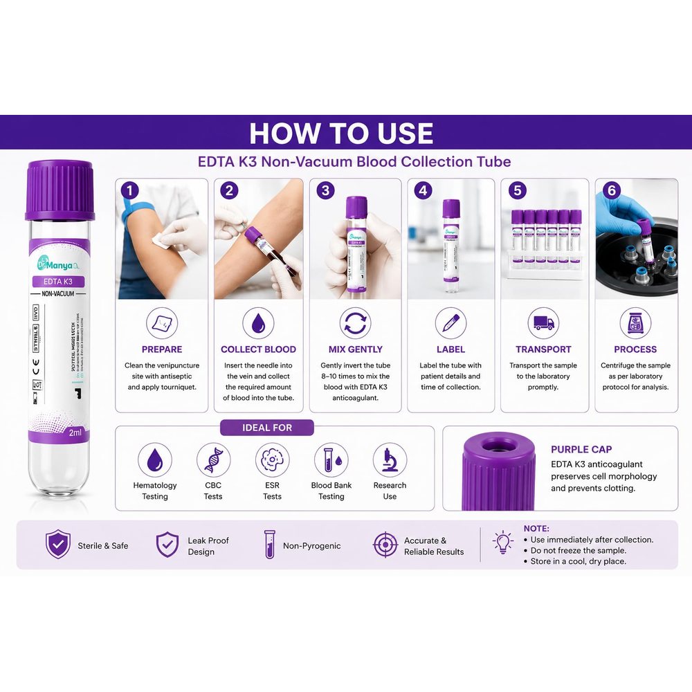 K3 EDTA Blood Collection Tube 2 ml, Purple Cap, Non-Vacuum — Pack of 100 — image 3
