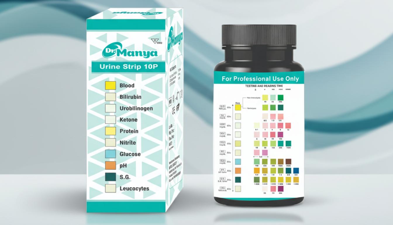 Dr. Manya Urine Test Strips - 100 Strips for Blood, Bilirubin, Urobilinogen, Ketone, Protein, Nitrite, Glucose, pH, Specific Gravity & Leucocytes Testing
