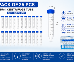 Pack of 25 15ml Centrifuge Tubes with Blue Screw Caps for Laboratory Use